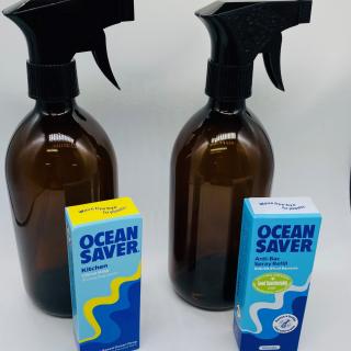 Ocean Saver Antibacterial Cleaner and Kitchen Degreaser with x2 Amber Glass Spray Bottles