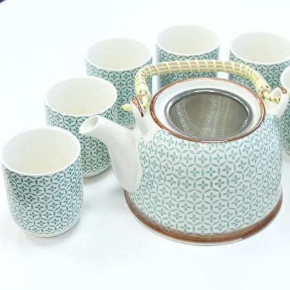 TeaPot and Tea Cups Set Mosaic Blue