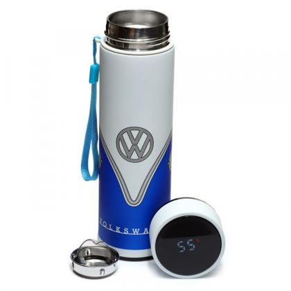 Volkswagen VW Camper Bus Blue Stainless Steel Hot & Cold Thermal Insulated Drinks Bottle Digital Thermometer 450ml