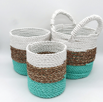 Seagrass Basket Green, White and Jute Set of 3